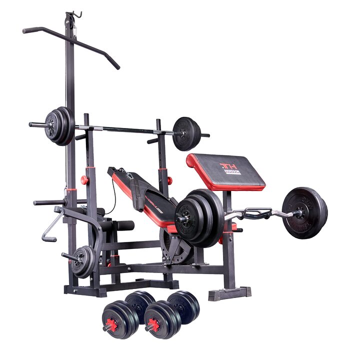 Багатофункціональна силова лава Train Hard з силовою станцією для тяги ширшого хвата, дисками вагою від 90 до 150 кг, штангою та комплектом штанг, що складається зі штанги, гантелей та грифа для згинань рук штанги 100 кг, гантелей та грифа для згинань рук