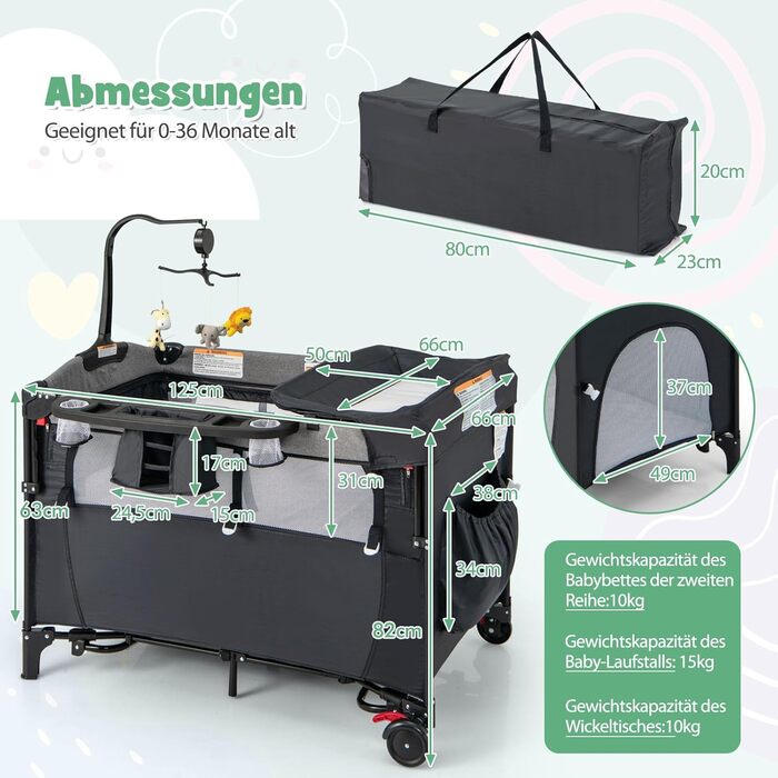 Дорожнє ліжечко 5 в 1 для немовлят, 120 x 60 см, приліжкове ліжко з матрацом та пеленальний столик, музичний мобіль та іграшки, дитяче ліжечко з регульованою висотою для немовлят від народження (темно-сірий)