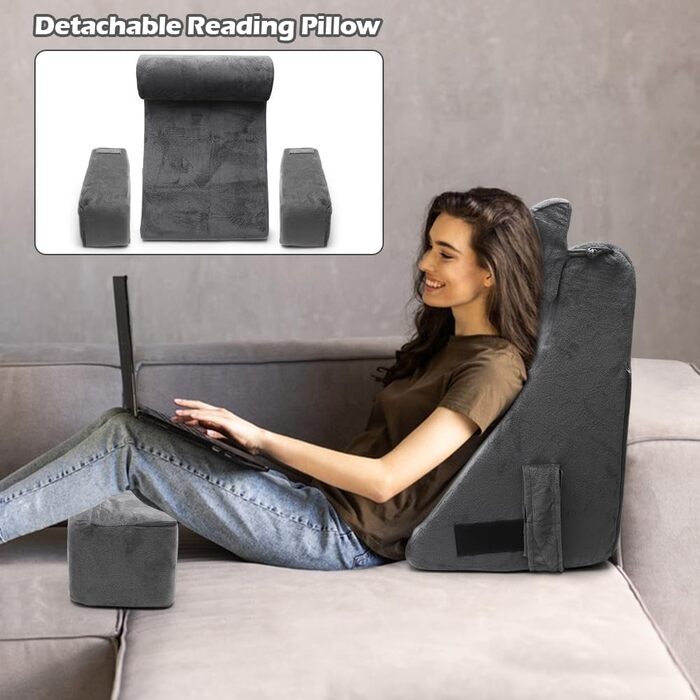 Подушка для читання для ліжка та дивана, подушка для спини для читання та перегляду телевізора зі знімним потиличним валиком та підлокітником, комфортна подушка для читання для дорослих, подушка для читання для ліжка, дивана або спинки підлоги