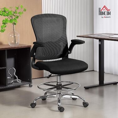 Офісний стілець HOMCOM Ергономічне робоче крісло з відкидними підлокітниками, регульованим кільцем для ніг та 4D поперековою опорою, регульоване за висотою поворотне крісло для малювання з сітчастою тканиною, чорний колір
