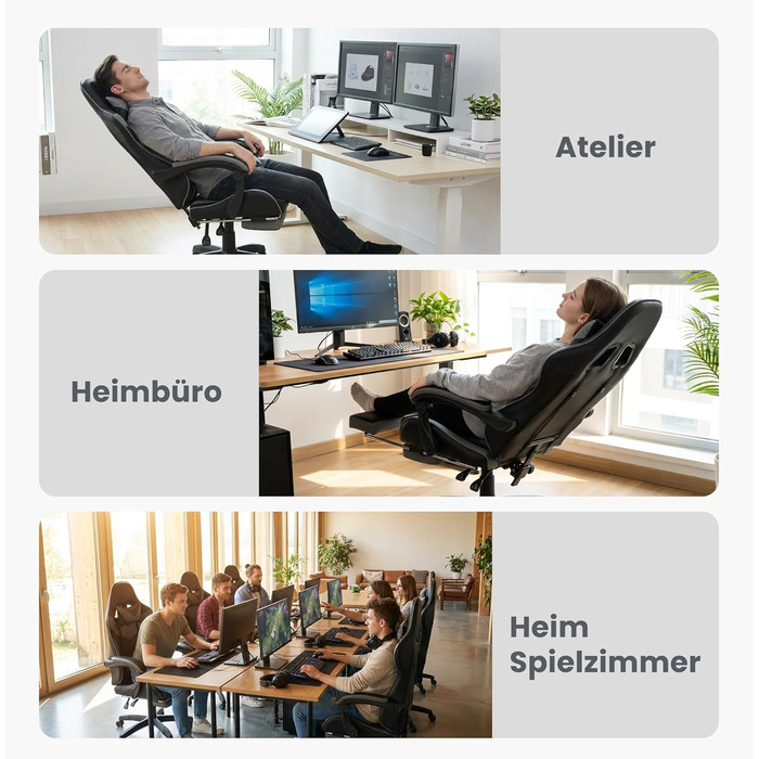 Ергономічне шкіряне ігрове крісло з поворотом на 360, регульоване по висоті з підніжкою, підголівником та поперековою опорою, гоночний дизайн для офісу та ігор, чорно-сірий колір, 64,5x52x116,5 см