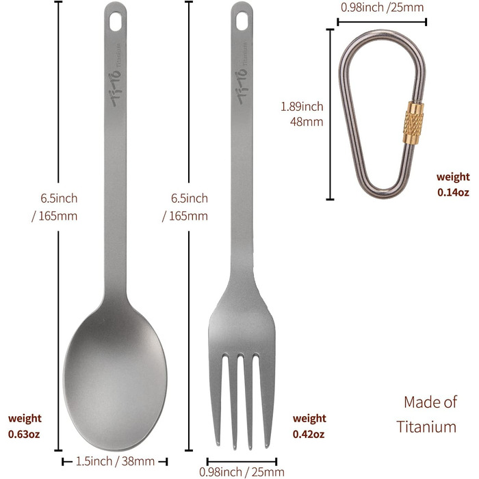 Набір титанових столових приборів TITO з виделкою та ложкою в одному комплекті, столові прибори для кемпінгу на природі