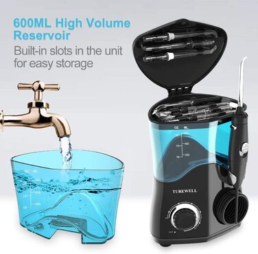 Електричний іригатор для ротової порожнини, професійний з 10 рівнями регулювання тиску води, резервуаром на 600 мл та 8 багатофункціональними насадками (Чорний)