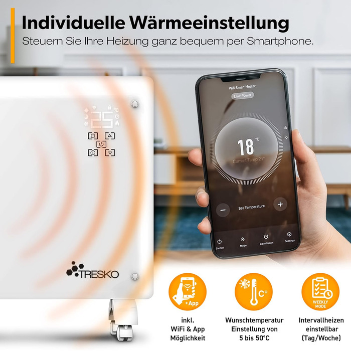 Скляний конвектор TRESKO 2000 Вт із застосунком та функцією WiFi Електричний скляний обігрівач Конвекторний обігрівач зі світлодіодним дисплеєм та таймером Електричний радіатор, окремостоячий або настінний, 2000 Вт, білий / 2000 Вт