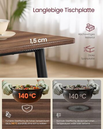 Обідній стіл VASAGLE для 4-6 осіб, обідній стіл у сільському стилі, кухонний стіл, термостійка стільниця, швидке складання, 75 x 140 x 75 см, натуральний горіх - чорний колір KDT100KE02 Натуральний горіх чорний колір