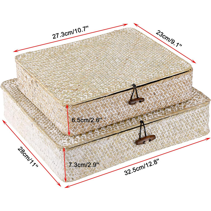 Кошик SUMNACON з ротанга, 2 шт., виготовлений з натуральної морської трави, з кришкою, коробка для зберігання ручної роботи, кошики для зберігання, кошик-органайзер для кухні, ванної кімнати, спальні, великий малий (прямокутний, білий)