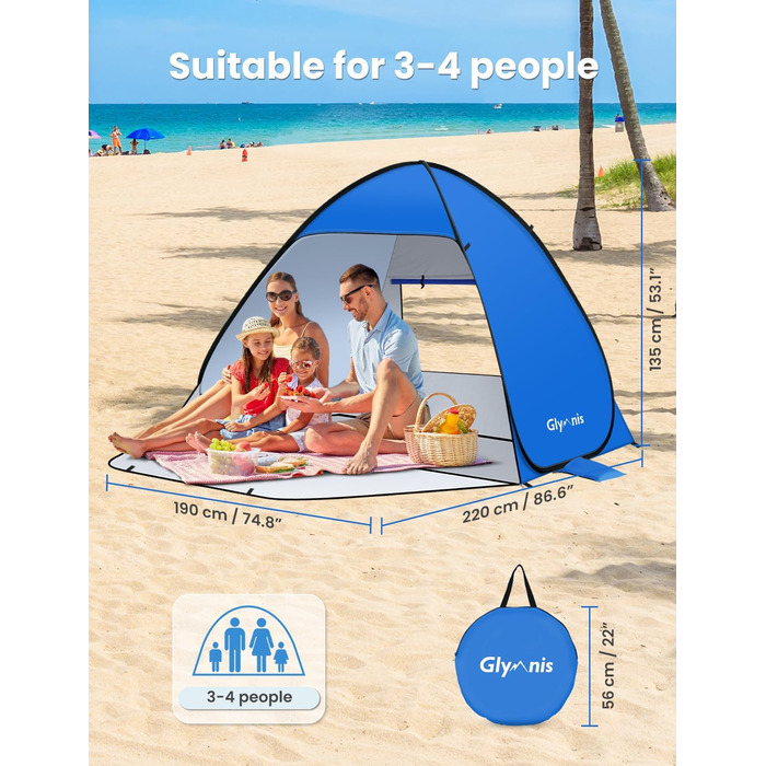 Пляжний намет Glymnis Pop-Up Beach Shelter, пляжний намет із дверима на блискавці, захист від ультрафіолету 50, вітрозахисний, малий розмір у упаковці, синій, пляжний намет XL/3-4 особи