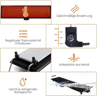 Електрична плита гриль 1800 Вт, електрогриль з антипригарним покриттям, 90 х 23 см, настільний гриль 5 рівнів з регулюванням температури, в т.ч. 6 невеликих дерев'яних скребків і 2 антипригарних кільця, барбекю та вечірки, 4LIFE