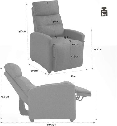 Крісло-реклайнер Mingone з функцією відкидання, сучасне тонке крісло-гойдалку з функцією відкидання на 155, витримує вагу до 150 кг, виготовлене з лляної тканини, темно-сірий колір