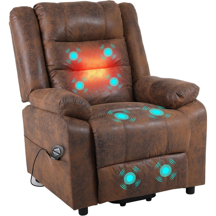 Електричне крісло-реклайнер, крісло для телевізора, масажне крісло з підйомником, підігрів, функція відкидання, флокована шкіра (коричневого кольору)