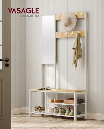 Вішалка для одягу, шафа з гачками, вішалка для одягу з дзеркалом, лавка для взуття та полиці, 36 x 98 x 185 см, для передпокою, спальні, вітальні, дубово-білий HSR050W09 Дуб біла полиця для взуття
