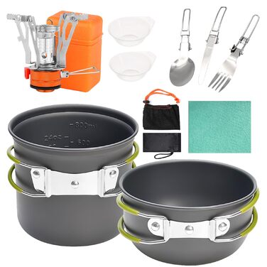 Набір посуду Herbst для кемпінгу, 11 предметів міні-плита, складаний газовий пальник, каструля та складальні столові прибори, серветки для чищення для пікніків та походів на природі