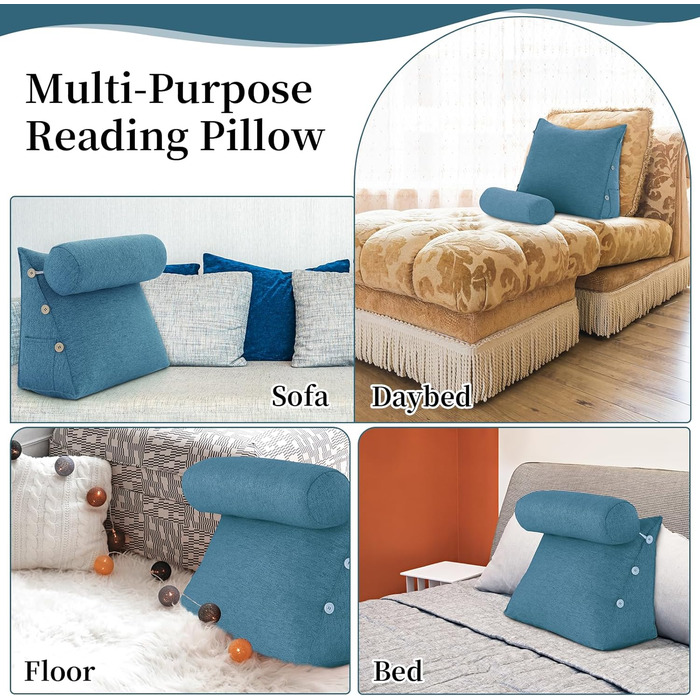 Клиноподібна подушка для читання для ліжка, регульована декоративна подушка для читання, трикутна подушка, клиноподібна подушка для дивана для поперекового відділу хребта, подушка для підтримки шиї та спини зі знімним лляним чохлом, синя, 60 см