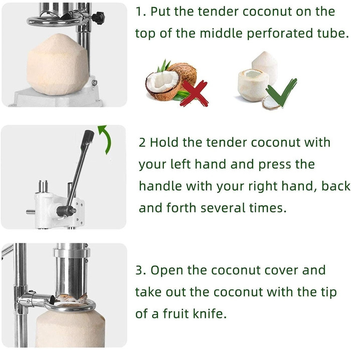 Відкривач кокосових ковпачків, ручний відкривач для кокосів з нержавіючої сталі, комерційний ручний відкривач для кокосових горіхів, ручка, що економить час і працю регульована висота, розмір відкриття 6 см, білий