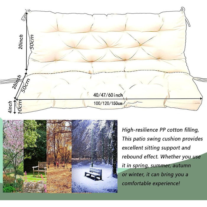 Подушка для гойдалок на відкритій веранді зі спинкою і ременями, 10,2 см, потовщена подушка для сидіння для 2-/3-місних, садових лавок, крісел для патіо, переповнені подушки для газонних меблів, змінні килимки для озеленення.