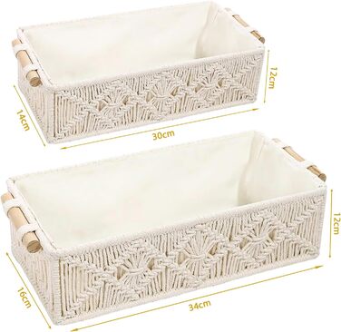Набір із 2 плетених кошиків для зберігання макраме, декоративні коробки, бохо-декор, ручна робота з макраме з бавовняної мотузки з ручками для декору, подарунковий кошик, кошик для хліба, кошик для зберігання закусок (білий)