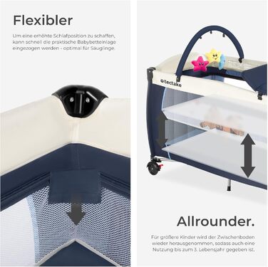 Дитяче ліжечко tectake Baby Travel Cot, дитяче ліжечко, регульоване по висоті ліжечко з матрацом та сумкою для перенесення, дитяче ліжко, дорожнє ліжечко, портативне приліжкове ліжечко для немовлят - 132 x 75 x 104 см - темно-синій, синій, з малюком собак