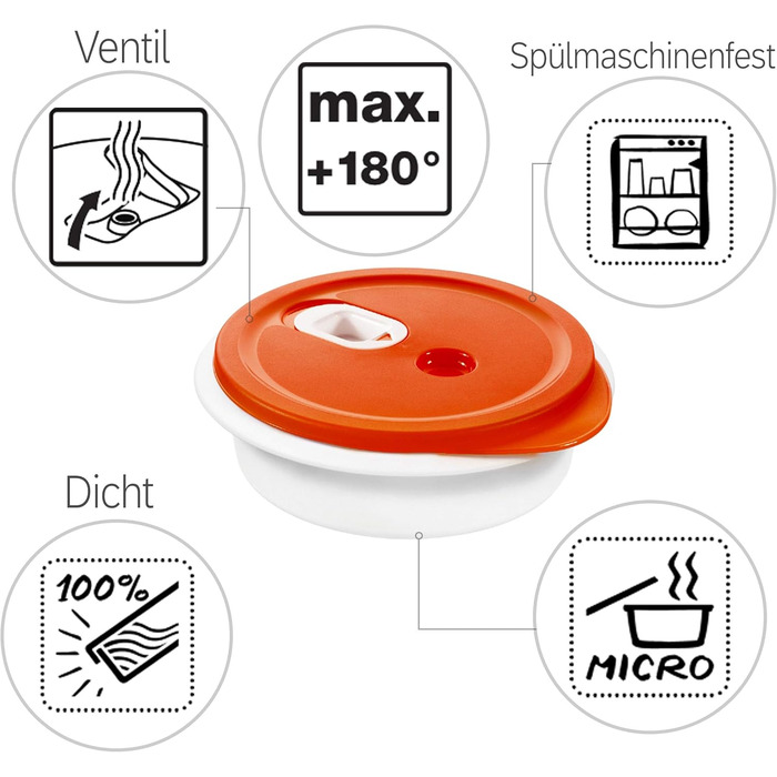 Контейнер для мікрохвильової печі Rotho Micro Clever 1л з кришкою та вентиляційним отвором, пластик (PP) без BPA, червоний/білий, 1л (20.0 x 20.0 x 6.5 см) Білий/Папая 20 x 20 x 6.5 см