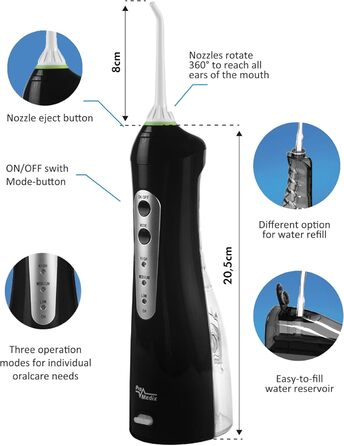 Портативний іригатор для ротової порожнини Бездротовий водний флоссер для чищення зубів та догляду за гігієною ротової порожнини, 4 насадки (Чорний), 770
