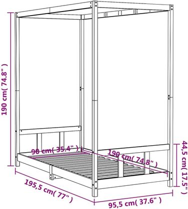 Дитяче ліжко, біле, 90x190 см, масив сосни з каркасом балдахіну та міцними дерев&39яними рейками для стійкості та вентиляції односпальне ліжко з масиву сосни з рустикальним білим покриттям 195,5 x 95,5 x 190 см