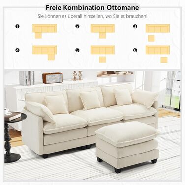 Подібний диван &quotХмара&quot, Модульний 4-місний секційний диван з оттоманкою, Сучасний диван з підлокітниками/декоративними подушками, Дихаюча тканина шенил, L-подібний диван для вітальні, Бежевий 240 см - L Бежевий