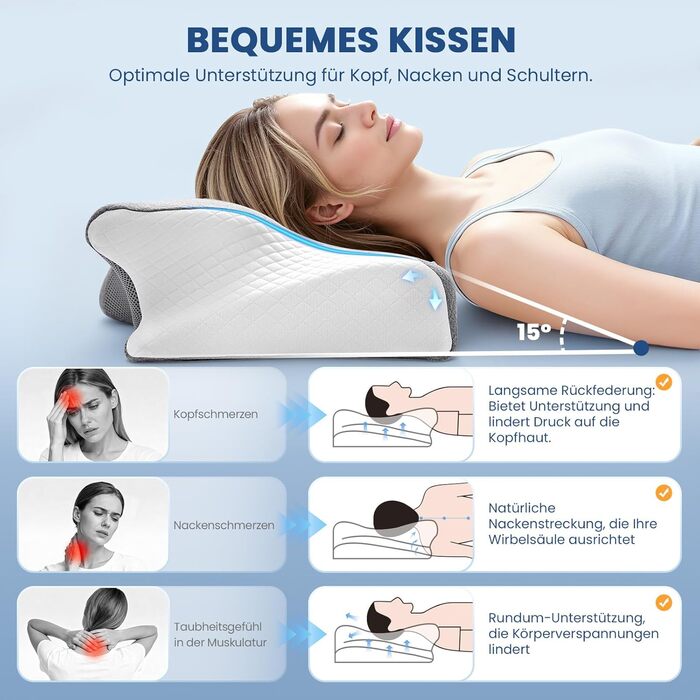 Ортопедична подушка A-Pce, ергономічна подушка з піни з ефектом пам&39яті, подушка для підтримки шиї для полегшення болю в шиї, плечах та спині, ідеально підходить для сну на боці, спині та животі, сіро-біла