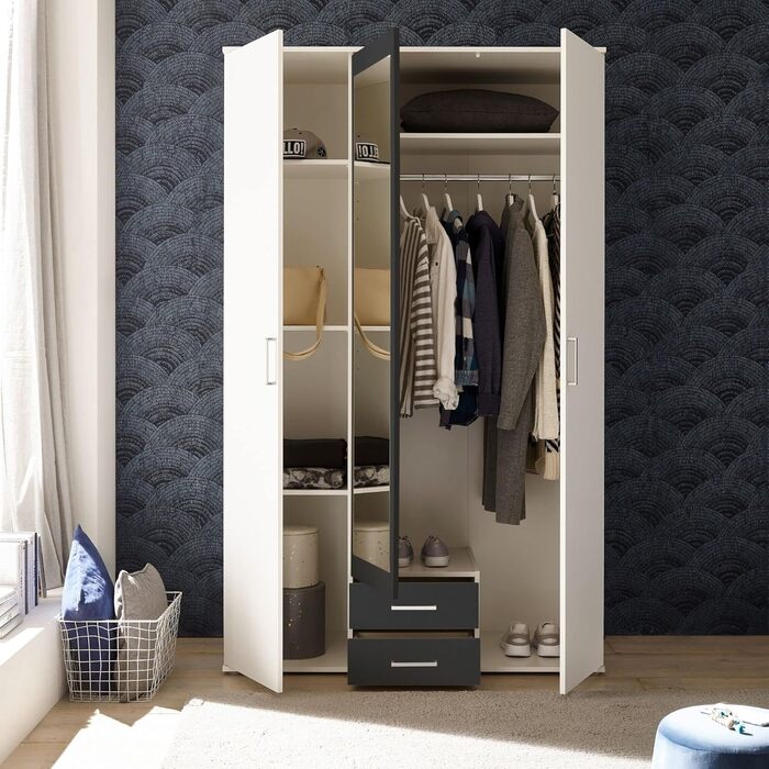 Шафа з дзеркальними дверима білого та графітового кольору - Універсальна 3-дверна шафа для вашої спальні - 120 x 196 x 54 см (Ш/В/Г) Білий / Графітовий 3-дверний