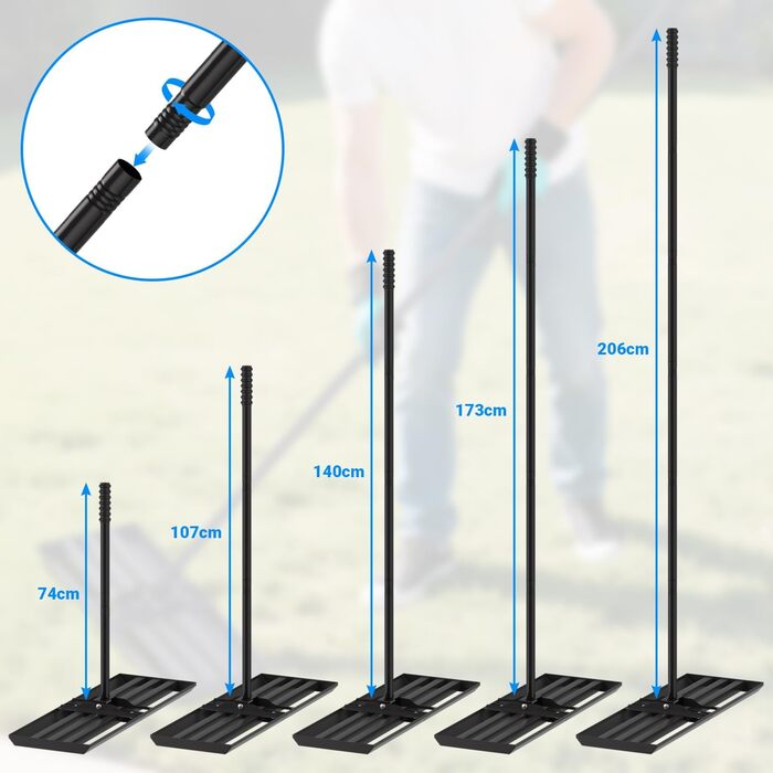 Вирівнювальний граблі Rasen Rakel з нержавіючої сталі для видалення піску та підсипки газону, 75x25 см, ручка 200 см - чорний