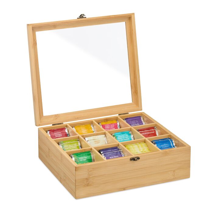 Чайна коробка Relaxdays, 12 відділень, для зберігання чайних пакетиків, бамбук, чайна скринька з оглядовим віконцем, ВxШxГ 11 x 32 x 28 см, натуральний колір