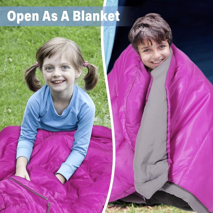Дитячий спальний мішок REDCAMP для хлопчиків та дівчаток 175 x 65 см, матусин спальний мішок, зручний, легкий та теплий з регульованою довжиною, 3 сезони, підходить для кемпінгу та активного відпочинку, синій/рожевий