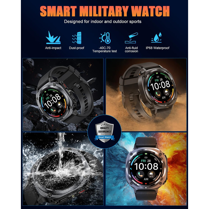 Чоловічий смарт-годинник, 1,45-дюймовий AMOLED смарт-годинник із здійсненням/прийомом дзвінків, 115 спортивних режимів, фітнес-годинник із пульсометром/крокоміром/монітором сну, водонепроникний спортивний годинник IP68, подарунок для нього, чорний смарт-г