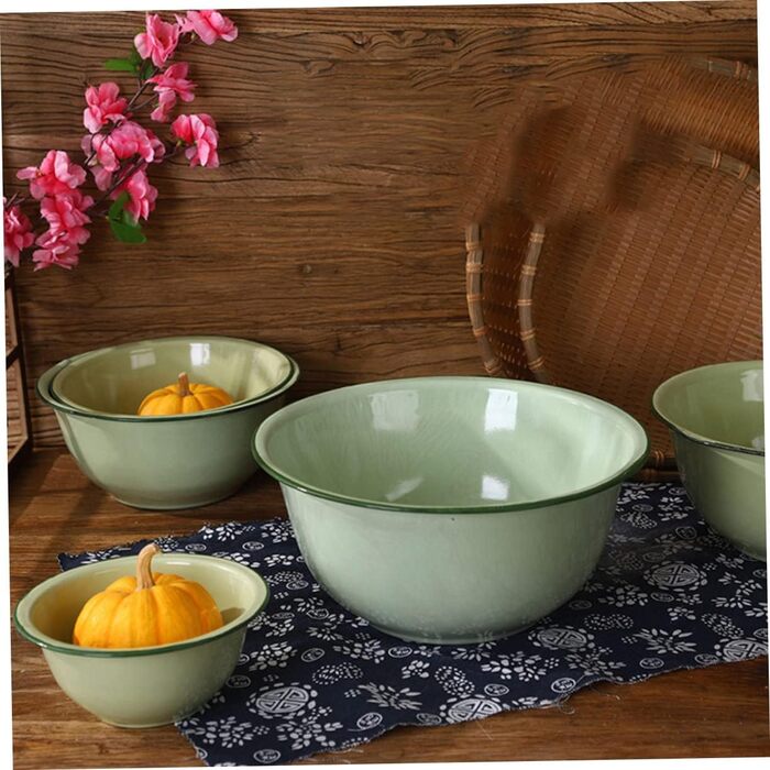 Набір із 4 вінтажних емальованих сталевих мисок, багатофункціональні супові миски для кухні та дому, діаметр 16 см, легко миються, декоративні, випадковий колір світло-зелений, 18x18x8 см