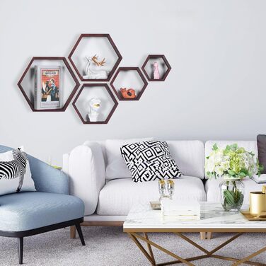 Шестигранні плаваючі полиці, настінні дерев&39яні стільникові настінні полиці для зберігання у фермерському стилі з 5 шт. , для ванної кімнати, кухні, спальні, вітальні, офісу, оздоблення з коряги (горіх) шестигранний волоський горіх