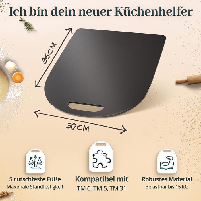 Розсувна дошка LAINFELD для Thermomix TM6 TM5 Чорне акрилове скло преміум класу Переміщення без зусиль без пошкодження ваг Роликова дошка Глайдер матовий чорний