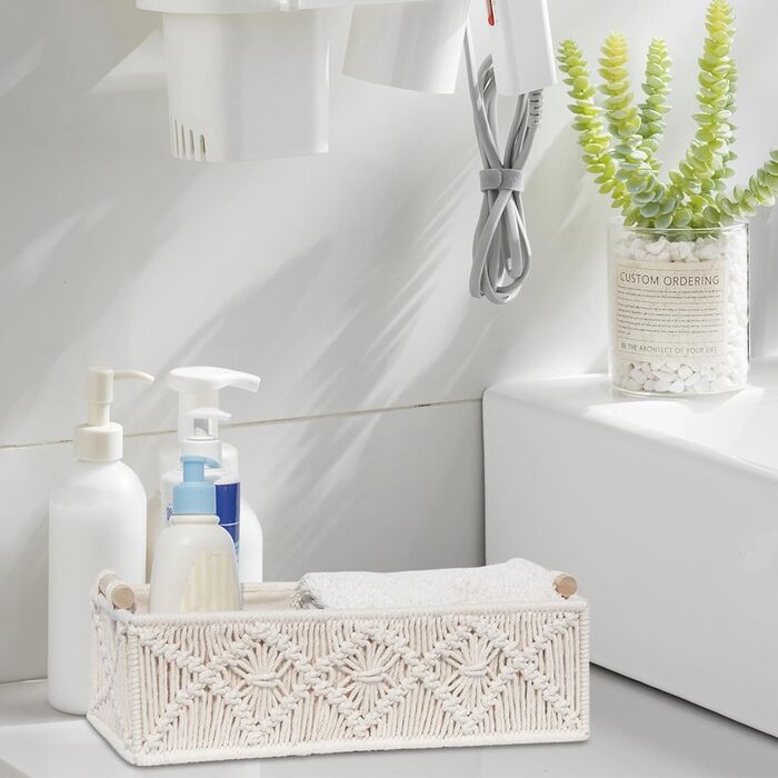 Кошики для зберігання макраме кошик для зберігання в стилі бохо з дерев&39яною ручкою, кошик для зберігання у ванній кімнаті, набір плетених кошиків макраме ручної роботи для ванної кімнати, спальні та гардеробної, 2