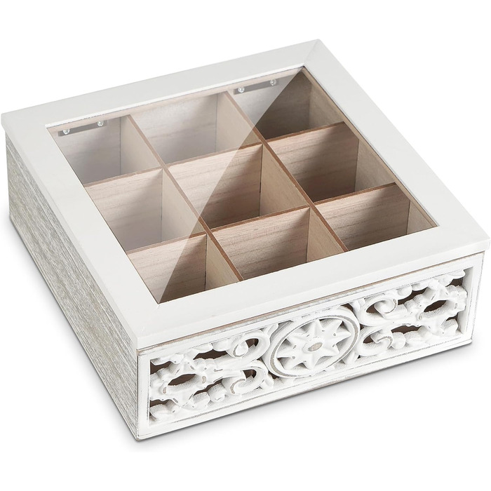 Вінтажна чайна коробка - Дерев&39яна коробка для зберігання чайних пакетиків - Коробка для чайних пакетиків з оглядовим віконцем - Чайний ящик з 9 відділеннями - Колір &quotшеббі-білий&quot