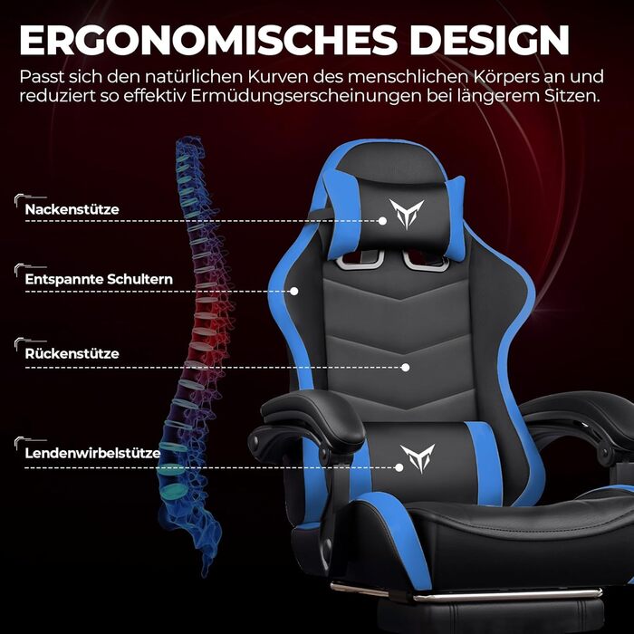 Ігрове крісло GTPLAYER, ергономічне офісне крісло з підставкою для ніг, регульованим підголівником та поперековою опорою, ігрове крісло, синє