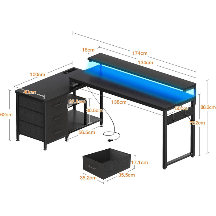 Г-подібний письмовий стіл ODK, 174 x 100 см, метал / дерево, чорний