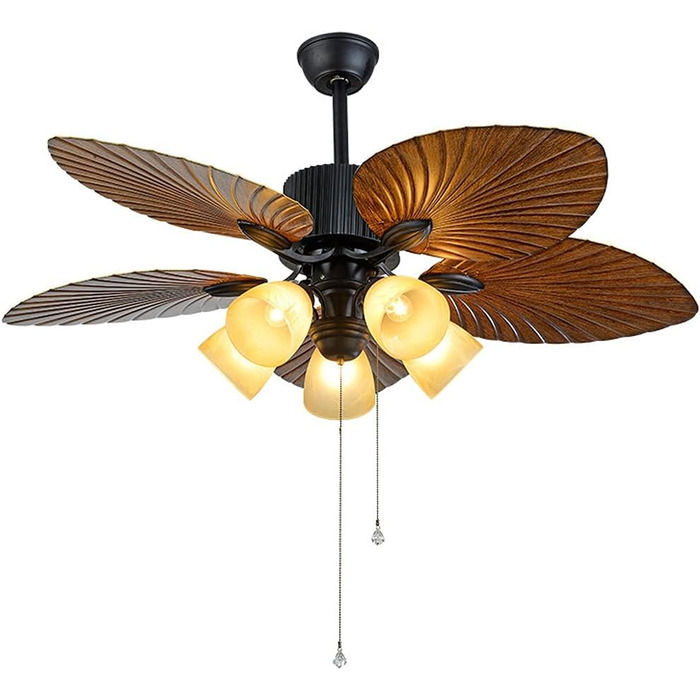 Стельові вентилятори в тропічному стилі зі скляним абажуром у формі квітки та лопаттю вентилятора у формі листка 52 старовинні сте