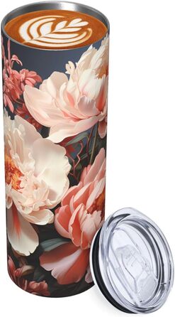Кухоль з прямою трубочкою, 590 мл, яскраво-білі півонії, принт, дорожній кухоль, підходить для кемпінгу, офісу та дому.