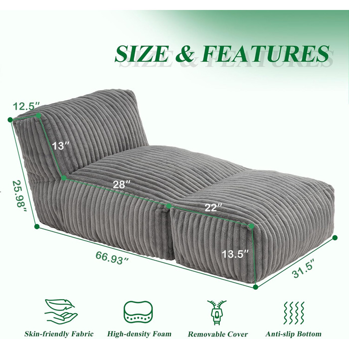 Крісла-шезлонги Hobestluk Big Bean Bag Lounger, велике крісло-мішок для дорослих, диван-мішок з наповнювачем з піни з ефектом пам&39яті для вітальні, спальні або балкону (сіра смужка), сірий