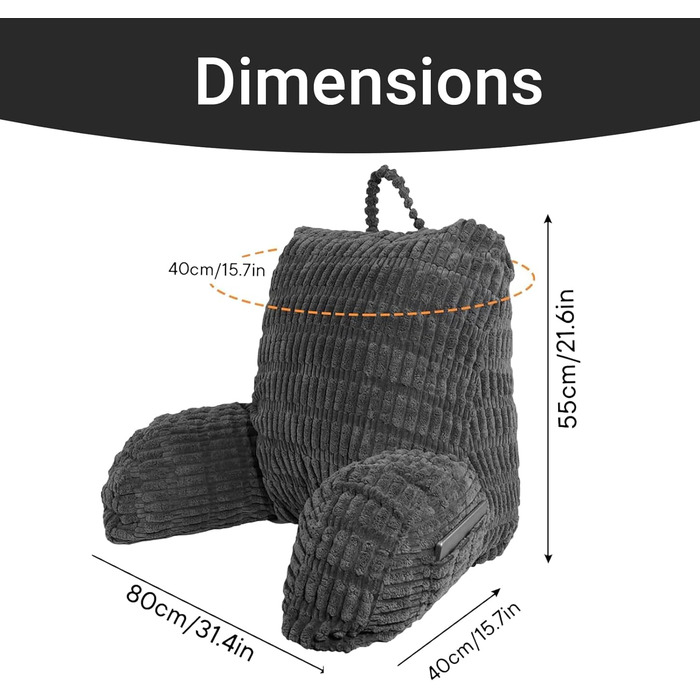 Подушка для читання зі спинкою, зручна спинка з підлокітниками, знімна для дорослих з кишенями для ліжка та дивана, для телевізора, мобільних телефонів (темно-сіра)