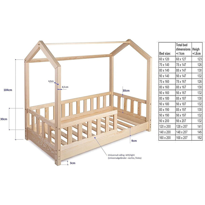 Дитяче ліжко, ліжко-будиночок 70x140 із захистом від падіння, рейкова основа, каркас ліжка з сосни для дітей, хлопчиків та дівчаток - дерев&39яне ліжко, немовля, дитяча кімната, хлопчик, декор (захист від падіння З)