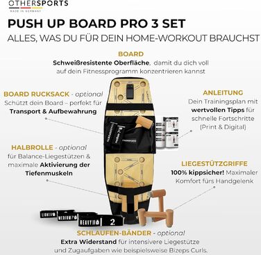 Дошка для віджимань Pro 3 Максимально ефективне тренування грудних мязів з функцією балансу та опору Деревяна дошка для віджимань Тренажер для грудних мязів III. З еспандерами та півроликом