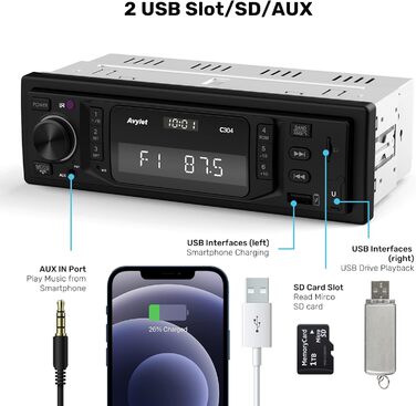 Автомобільна стереосистема Bluetooth 5.0, Avylet RDS/FM/AM/7 кольорів 1 автомобільна стереосистема Din із Bluetooth гучного зв'язку, 2 USB/AUX-IN/MP3/SD, 30 станцій