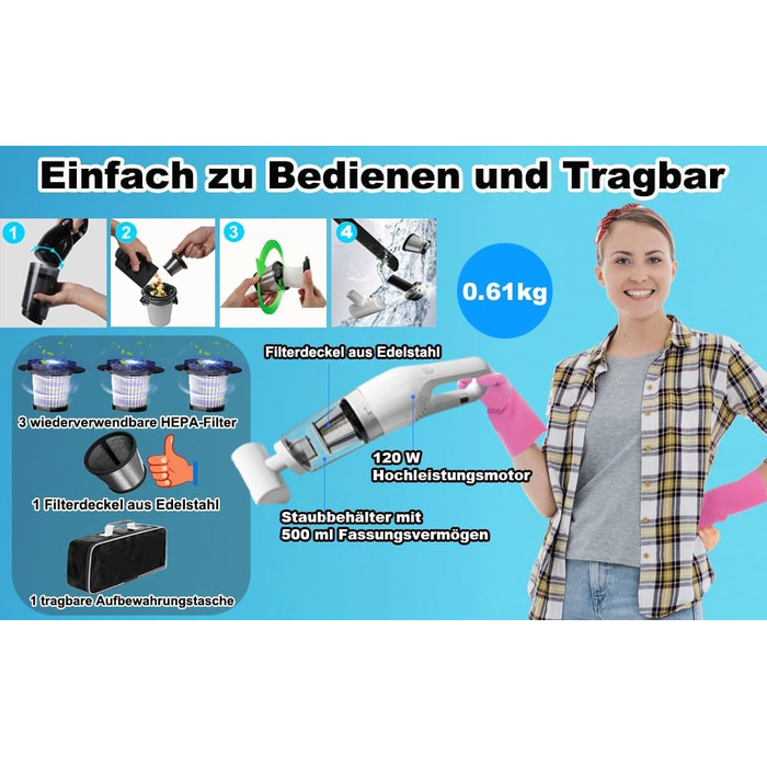 Ручний пилосос, 18000/15000Pa Акумулятор 6000mAh Безмішковий Мокрий Сухий Тест Переможець Автомобільний пилосос 2-ступінчастий всм