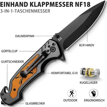Рятувальний ніж NedFoss NF18, складний ніж 9,8 см з різаком для ременя та склорізом, кишеньковий ніж з фіксатором та шарикопідшипн