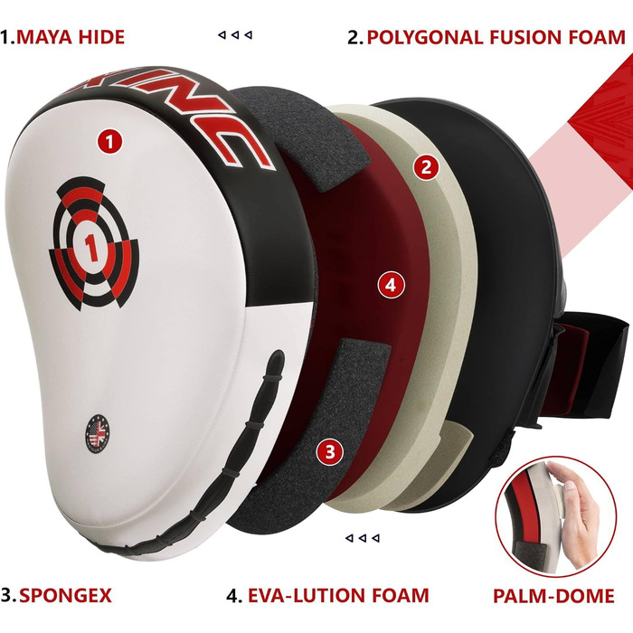 Накладки RDX для бойових мистецтв, боксу, тренувань змішаних бойових мистецтв, шкіра майя, боксерські лапи, лапи для ударів, кікбоксинг, білий/чорний, тренажерні лапи, лапи для ударів руками, боксерський лап, ударні подушки для тхеквондо та муай-тай, біли