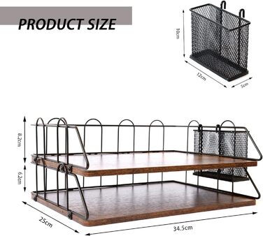 Лоток для листів, штабельований настільний органайзер, настільний лоток на 2 відділення, лоток для документів, дерев'яний лоток для паперу з тримачем для ручки для паперу формату A4, документ, для домашнього офісу, школи, школи