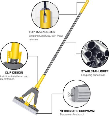 Губчаста швабра MASTERTOP, 130 см, для підлоги з 3 високопоглинаючими губками з ПВА, поглинаюча губчаста швабра з функцією віджиму